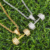Barbell Pendant Necklace Men Brass Ice Out CZ Hip Hop Rapper Gym Jewelry