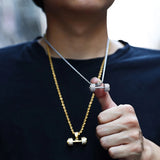 Barbell Pendant Necklace Men Brass Ice Out CZ Hip Hop Rapper Gym Jewelry