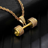 Barbell Pendant Necklace Men Brass Ice Out CZ Hip Hop Rapper Gym Jewelry