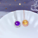 Natural Yellow Citrine Pendant Necklace, Round Gemstone Fine Jewelry