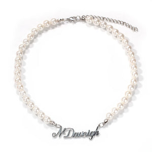 Stainless Steel Name Pendant with Pearl Necklace Silver Jewelry