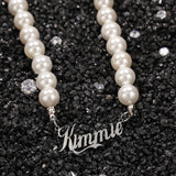 Stainless Steel Name Pendant with Pearl Necklace Silver Jewelry