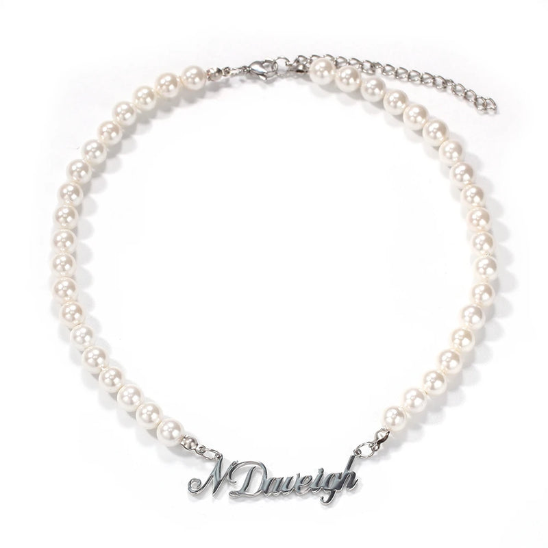 Stainless Steel Name Pendant with Pearl Necklace Silver Jewelry