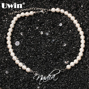 Stainless Steel Name Pendant with Pearl Necklace Silver Jewelry