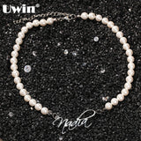 Stainless Steel Name Pendant with Pearl Necklace Silver Jewelry