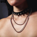 UYEE Gothic Choker Necklace PU Leather Punk Rivet Collar with Chain