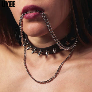 UYEE Gothic Choker Necklace PU Leather Punk Rivet Collar with Chain