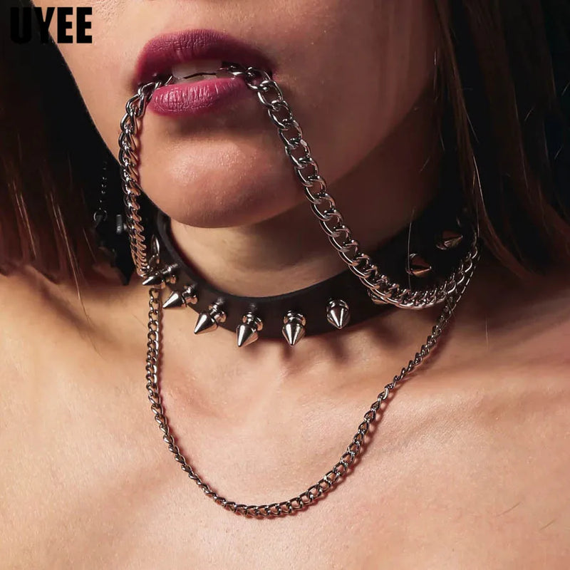 UYEE Gothic Choker Necklace PU Leather Punk Rivet Collar with Chain