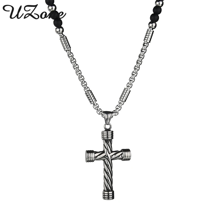 UZone Stone Cross Pendant Mens Rosary Necklace