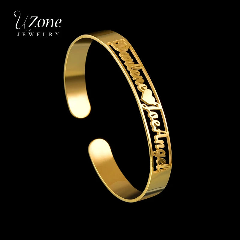 Personalized Name Heart Bracelet Open Cuff Bangle