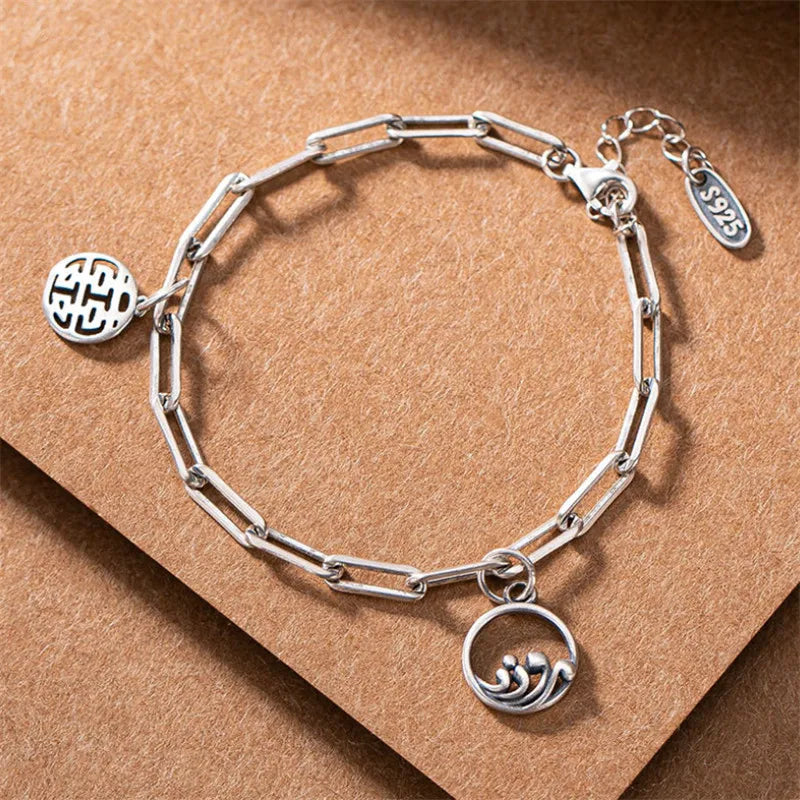 Thai Silver Mountain Wave Charms Bracelet 925 Silver Ethnic Jewelry