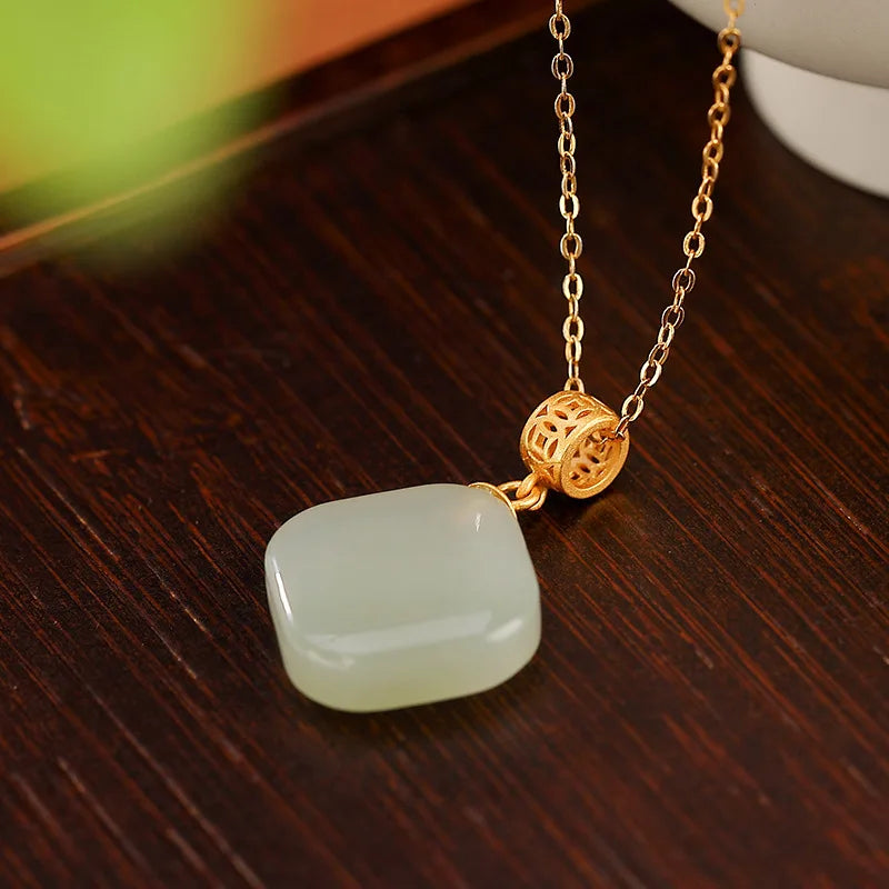 18K G750 Square Gemstone Necklace - Blank Jade Pendant