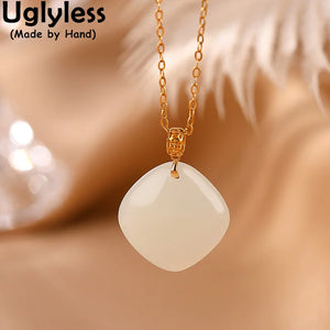 18K G750 Square Gemstone Necklace - Blank Jade Pendant