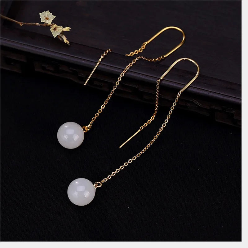 925 Sterling Silver Long Earrings Natural Jade Ball Plated Fine Jewelry Gems