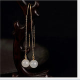 925 Sterling Silver Long Earrings Natural Jade Ball Plated Fine Jewelry Gems
