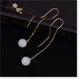 925 Sterling Silver Long Earrings Natural Jade Ball Plated Fine Jewelry Gems