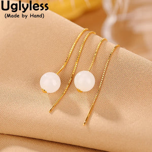 925 Sterling Silver Long Earrings Natural Jade Ball Plated Fine Jewelry Gems