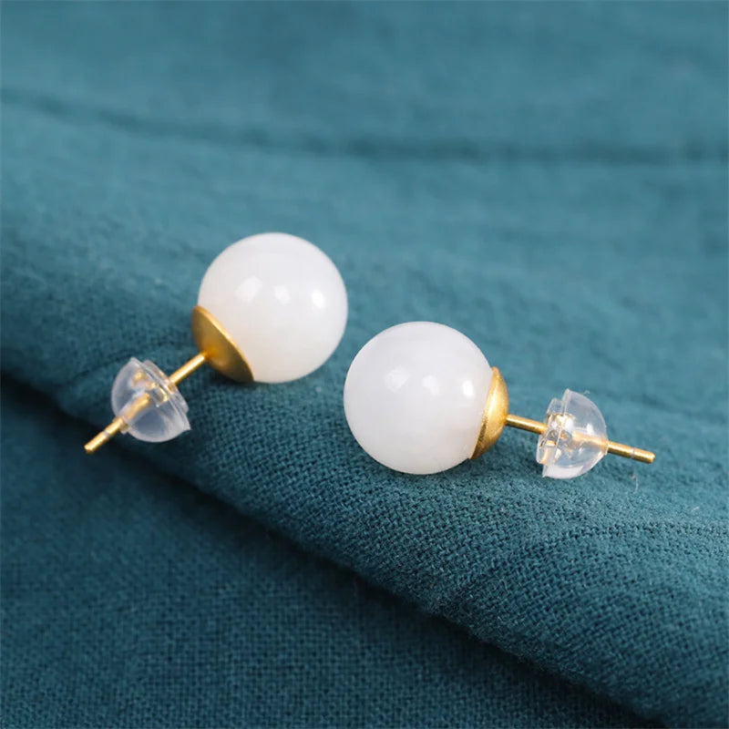 10MM Jade Balls MINI Studs Earrings Natural Hotan Gemstones