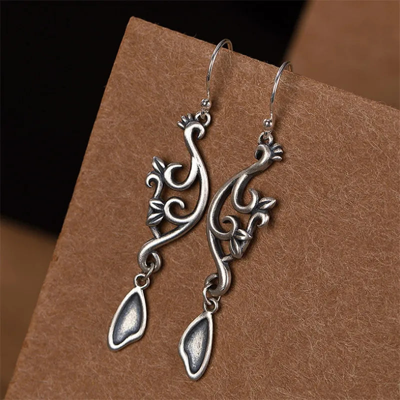 Peacock Phoenix Ethnic Vintage Earrings Thai Silver 925 Silver Earrings Brincos