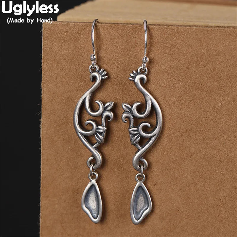 Peacock Phoenix Ethnic Vintage Earrings Thai Silver 925 Silver Earrings Brincos