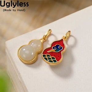 Double-side Enamel Gourd Jewelry Women Hotan Jade Pendants 925 Silver