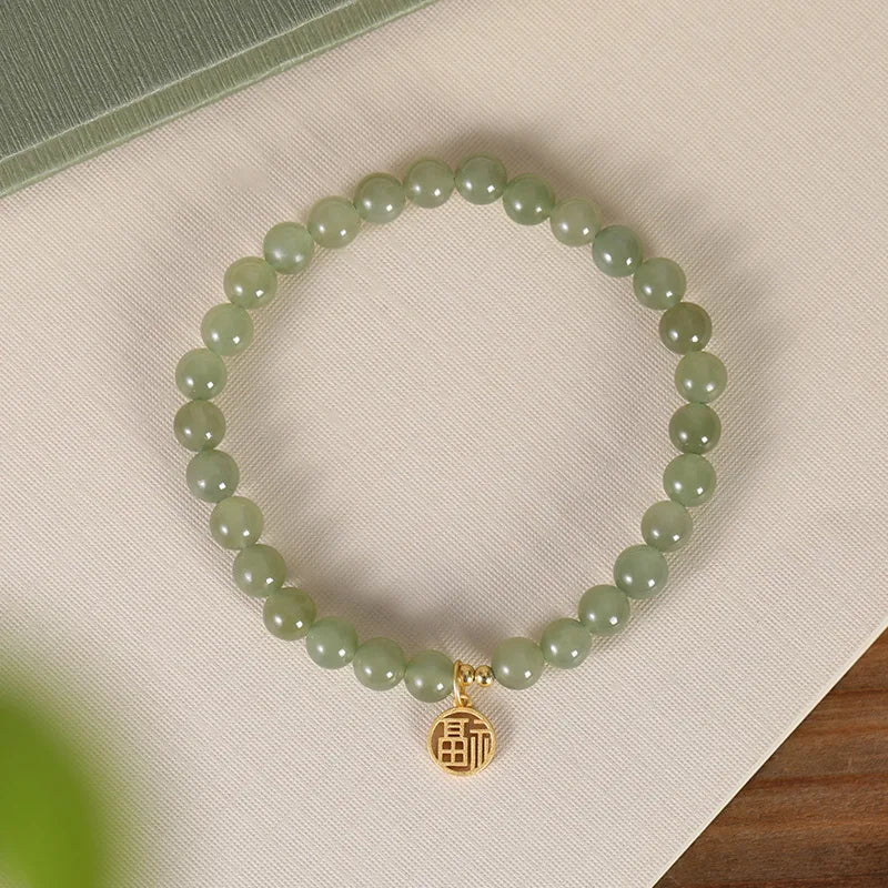 Hotan Jade Bracelet 6MM Gemstone 925 Sterling Silver Charms Bangle