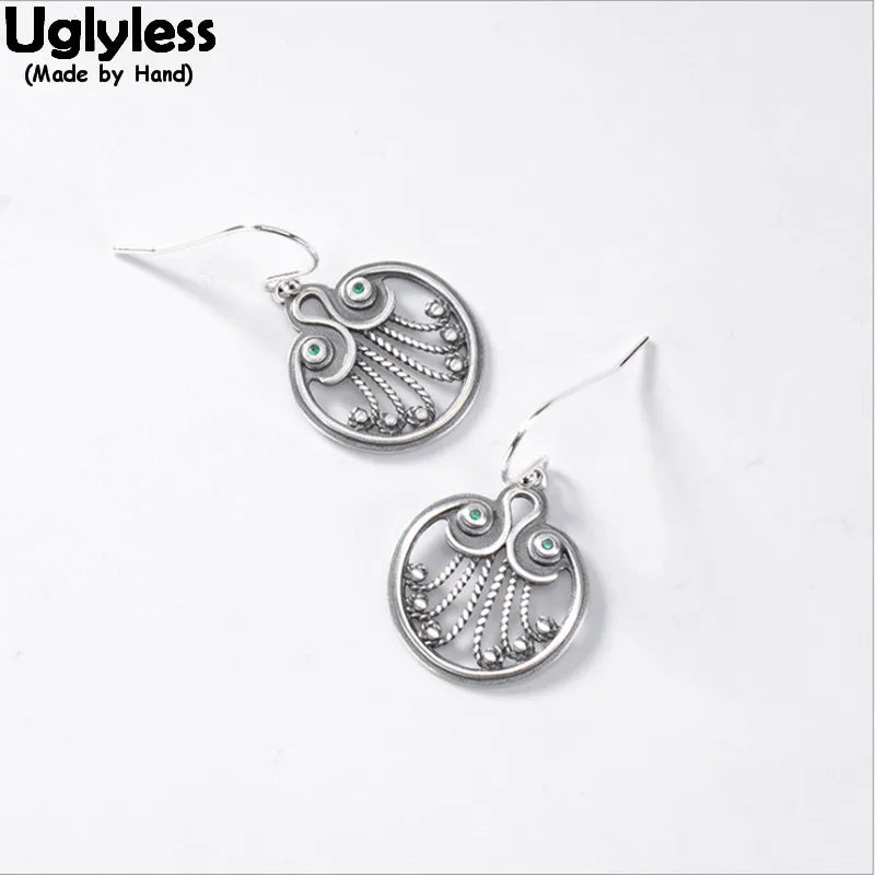 Ethnic Peacock Feather Earrings Hollow Vintage Thai Silver Jewelry