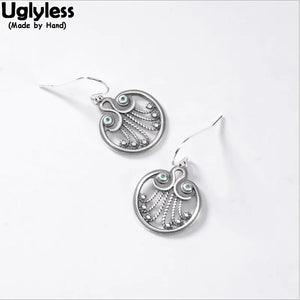 Ethnic Peacock Feather Earrings Hollow Vintage Thai Silver Jewelry
