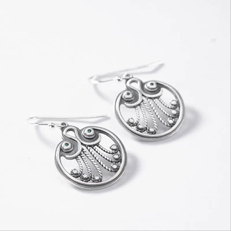 Ethnic Peacock Feather Earrings Hollow Vintage Thai Silver Jewelry