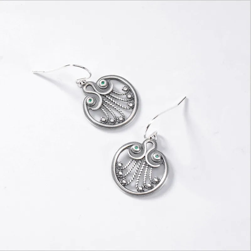 Ethnic Peacock Feather Earrings Hollow Vintage Thai Silver Jewelry