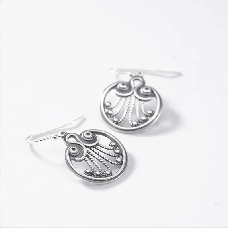 Ethnic Peacock Feather Earrings Hollow Vintage Thai Silver Jewelry