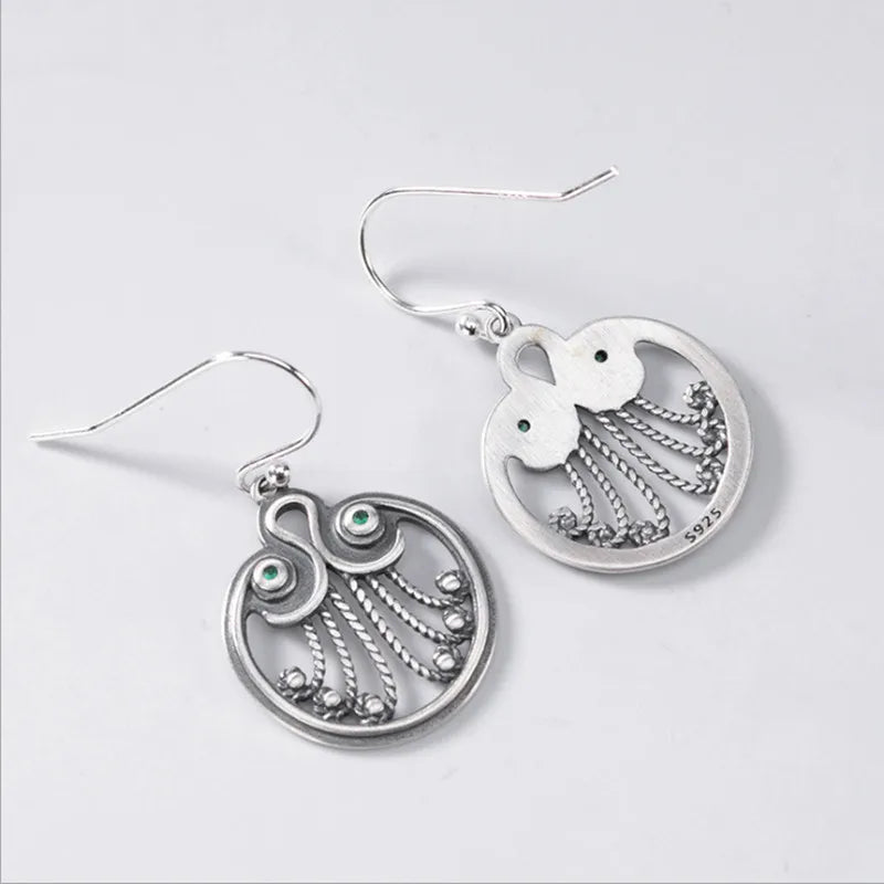 Ethnic Peacock Feather Earrings Hollow Vintage Thai Silver Jewelry