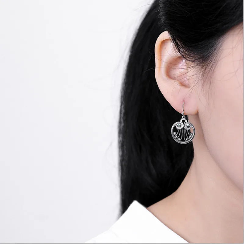 Ethnic Peacock Feather Earrings Hollow Vintage Thai Silver Jewelry