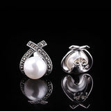 Thai Silver Cross Stud Earrings 925 Silver Pearl Chalcedony Brincos E1453