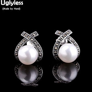 Thai Silver Cross Stud Earrings 925 Silver Pearl Chalcedony Brincos E1453