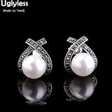 Thai Silver Cross Stud Earrings 925 Silver Pearl Chalcedony Brincos E1453