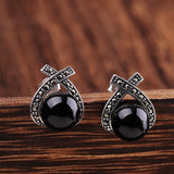 Thai Silver Cross Stud Earrings 925 Silver Pearl Chalcedony Brincos E1453