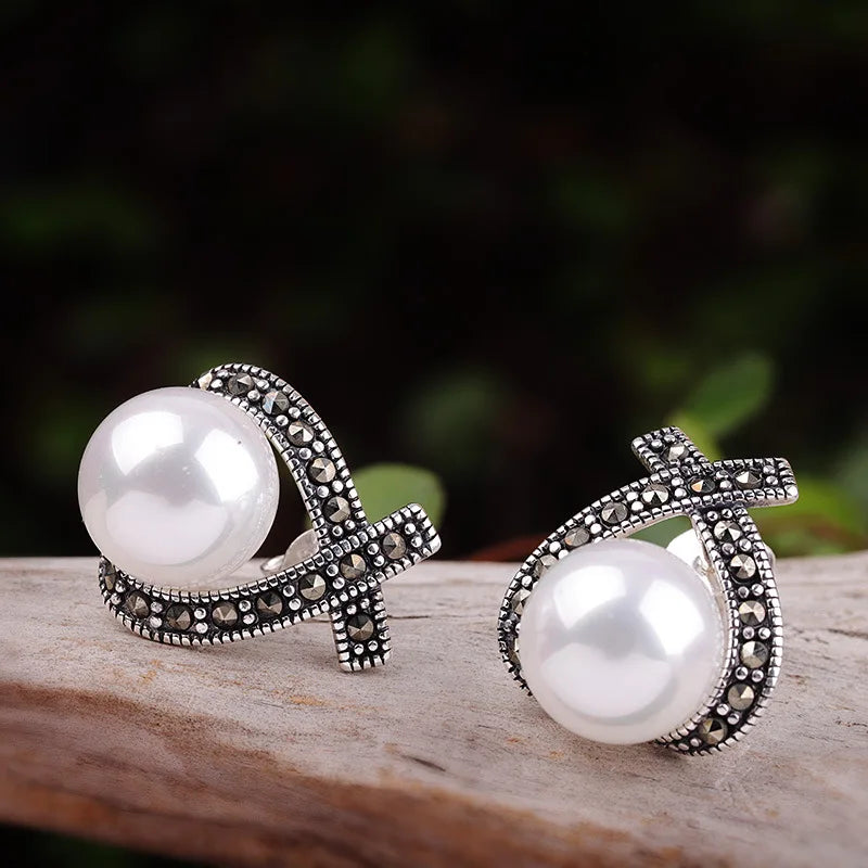 Thai Silver Cross Stud Earrings 925 Silver Pearl Chalcedony Brincos E1453