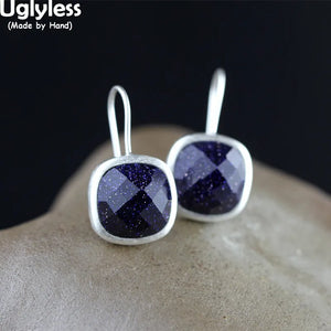 Sparkly Dark Sand Stones Square Earrings 925 Silver