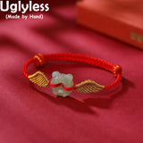 Hotan Jade Bracelet for Women, Braided Wings Infinity Rope Bracelet