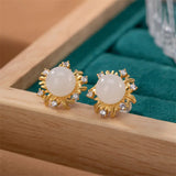 Blooming Flowers Studs Earrings 925 Silver Amber Jade Brincos Crystals Floral