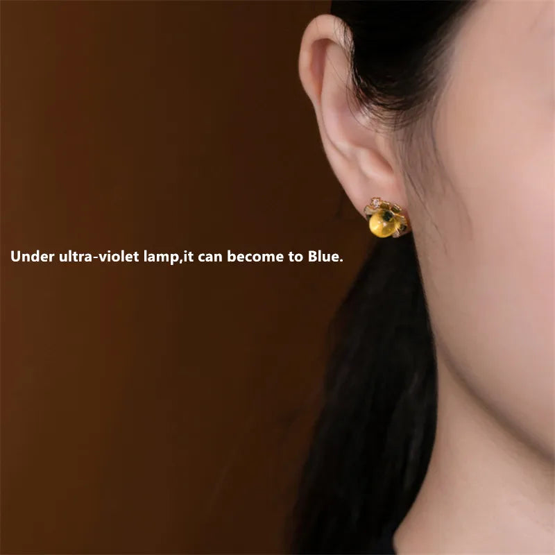 Blooming Flowers Studs Earrings 925 Silver Amber Jade Brincos Crystals Floral