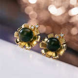 Blooming Flowers Studs Earrings 925 Silver Amber Jade Brincos Crystals Floral
