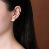 Blooming Flowers Studs Earrings 925 Silver Amber Jade Brincos Crystals Floral