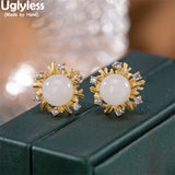 Blooming Flowers Studs Earrings 925 Silver Amber Jade Brincos Crystals Floral