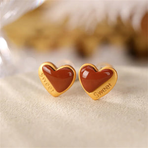 Heart-shape Agate Stud Earrings, 925 Silver Gemstone Jewelry
