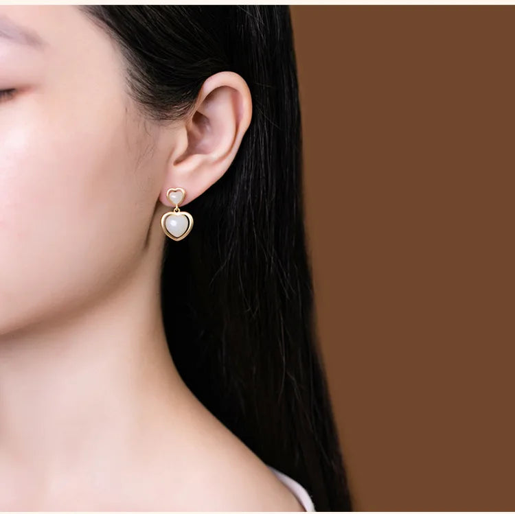 Heart Gemstone Earrings Natural Jade Agate Studs 925 Silver