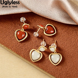 Heart Gemstone Earrings Natural Jade Agate Studs 925 Silver