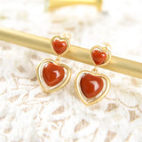 Heart Gemstone Earrings Natural Jade Agate Studs 925 Silver