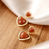Heart Gemstone Earrings Natural Jade Agate Studs 925 Silver
